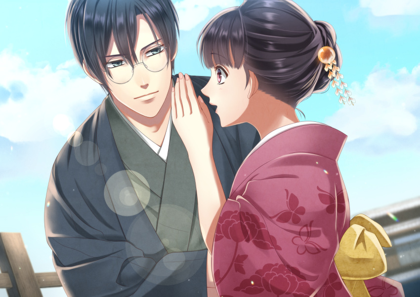 1boy 1girl animal_print black_hair brown_eyes butterfly_print clouds couple day fence glasses hair_bun hair_ornament hand_up hetero izumi_(stardustalone) japanese_clothes kanzashi kimono lens_flare making-of_available outdoors renri_no_chigiri_wo_kimi_to_shiru short_hair