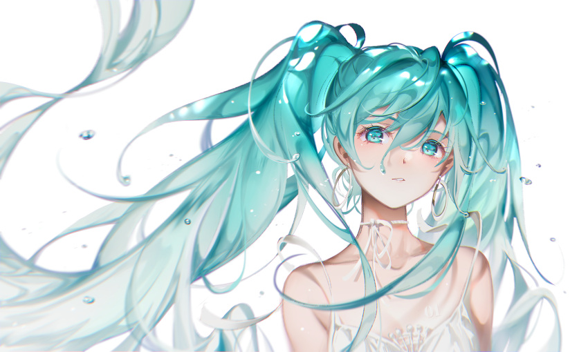 1girl aqua_eyes aqua_hair bare_shoulders collarbone dress earrings floating_hair hair_between_eyes hatsune_miku highres hoop_earrings jewelry long_hair neck_ribbon parted_lips ribbon solo tidsean twintails upper_body very_long_hair vocaloid white_background white_dress