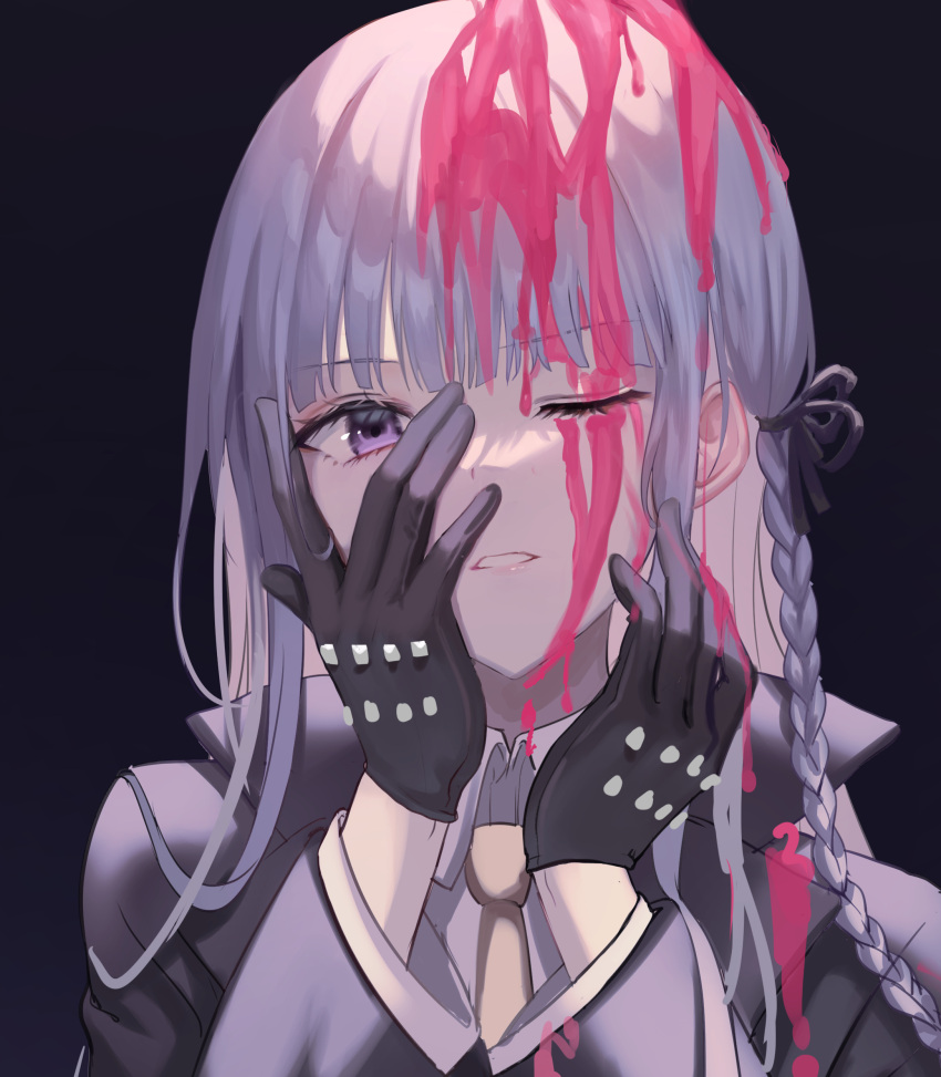 1girl absurdres bangs black_gloves blood blood_on_face bloody_hair braid commentary dangan_ronpa:_trigger_happy_havoc dangan_ronpa_(series) gloves gradient gradient_background hair_ornament hair_ribbon hands_on_own_face highres jacket kirigiri_kyouko long_hair looking_at_viewer necktie one_eye_closed pink_blood portrait purple_hair ribbon shirt side_braid single_braid smile solo tokkyu violet_eyes