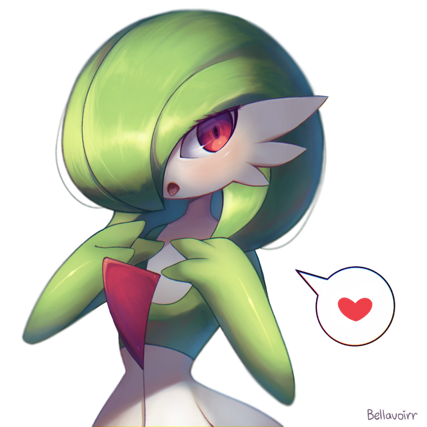 1girl absurdres artist_name bangs bellavoirr blurry blush bob_cut chromatic_aberration colored_skin commentary depth_of_field english_commentary flat_chest gardevoir gen_3_pokemon green_hair green_skin hair_over_one_eye hands_up heart highres light_blush looking_to_the_side mixed-language_commentary multicolored multicolored_skin open_mouth pokemon pokemon_(creature) red_eyes shiny shiny_hair shiny_skin short_hair signature simple_background solo speech_bubble spoken_heart standing tongue tongue_out two-tone_skin upper_body white_background white_skin