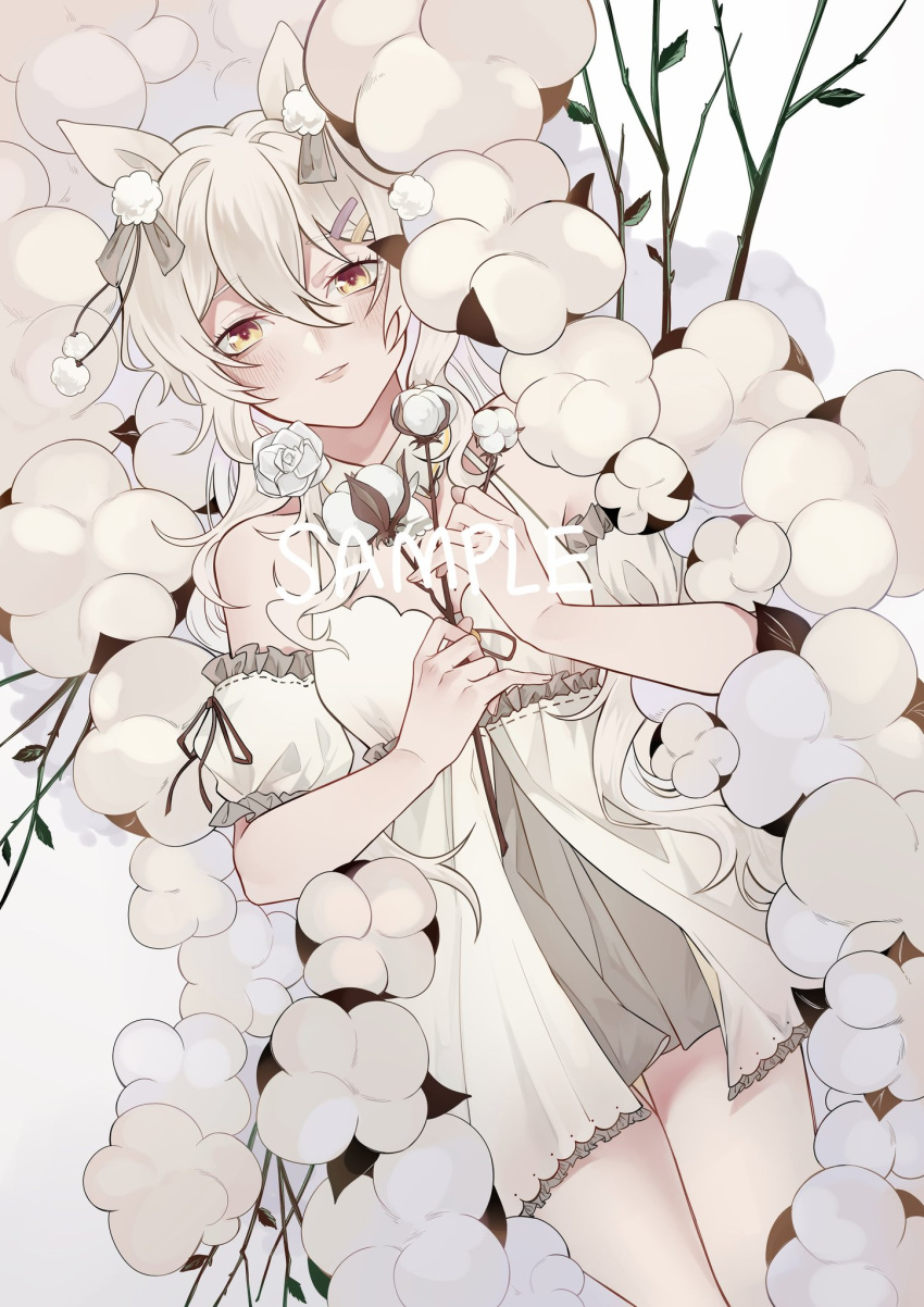 1girl bangs commission detached_sleeves flower hair_between_eyes hair_ornament hairclip highres long_hair looking_at_viewer lying off_shoulder open_mouth original sample skeb_commission solo upper_body white_background white_hair xiachaer yellow_eyes
