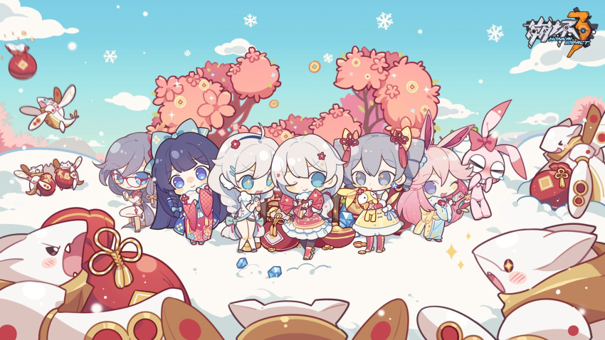 +_+ 6+girls :d angpao animal_ears antenna_hair artist_request bangs blue_eyes blue_kimono blue_sky braid bronya_zaychik cherry_blossoms chibi china_dress chinese_clothes chinese_new_year closed_mouth clouds cloudy_sky crystal doll_hug dress drill_hair fangs fox_ears fu_hua full_body grey_eyes grey_hair hair_between_eyes hair_ornament hairpin highres holding homei_(honkai_impact) homu_(honkai_impact) honkai_(series) honkai_impact_3rd japanese_clothes kiana_kaslana kimono long_hair monster multiple_girls official_art official_wallpaper one_eye_closed open_mouth outdoors pink_hair pink_kimono purple_hair raiden_mei red_dress sky smile snow snowflakes snowing stuffed_toy theresa_apocalypse tree twin_braids twin_drills v-shaped_eyebrows violet_eyes white_hair yae_sakura yellow_dress