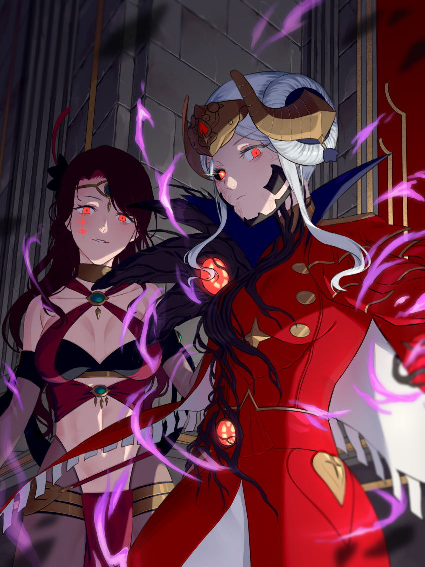 2girls absurdres androgynous black_sclera blush breasts brown_hair cape colored_sclera curvy dancer dorothea_arnault fire_emblem fire_emblem:_three_houses fire_emblem_heroes grima_(fire_emblem) hair_ornament hegemon_edelgard highres horns large_breasts long_hair long_sleeves looking_at_viewer monster monster_girl multiple_girls open_mouth red_eyes sabergoetia simple_background smile upper_body white_hair