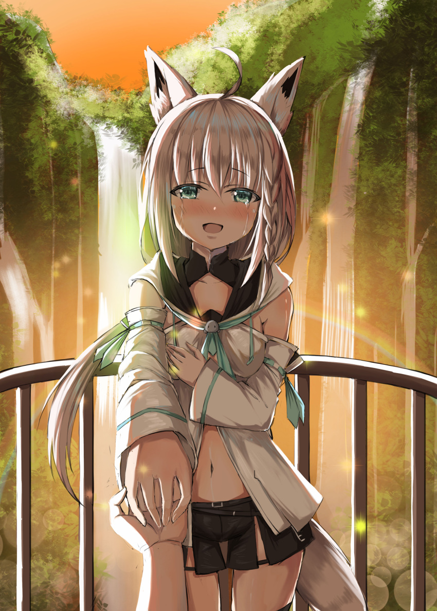 1girl absurdres ahoge animal_ear_fluff animal_ears bangs black_shorts blue_neckwear blush braid breasts collarbone commentary_request crying detached_sleeves dusk eyebrows_visible_through_hair forest fox_ears fox_girl fox_tail green_eyes hair_between_eyes hand_on_hand hand_on_own_chest highres hololive hood hoodie light_particles long_hair looking_at_viewer midriff natsuki_(digretking) nature navel neckerchief open_mouth outdoors outstretched_arm pov pov_hands railing rainbow shirakami_fubuki short_shorts shorts sidelocks single_braid small_breasts solo tail virtual_youtuber water waterfall white_hair white_hoodie
