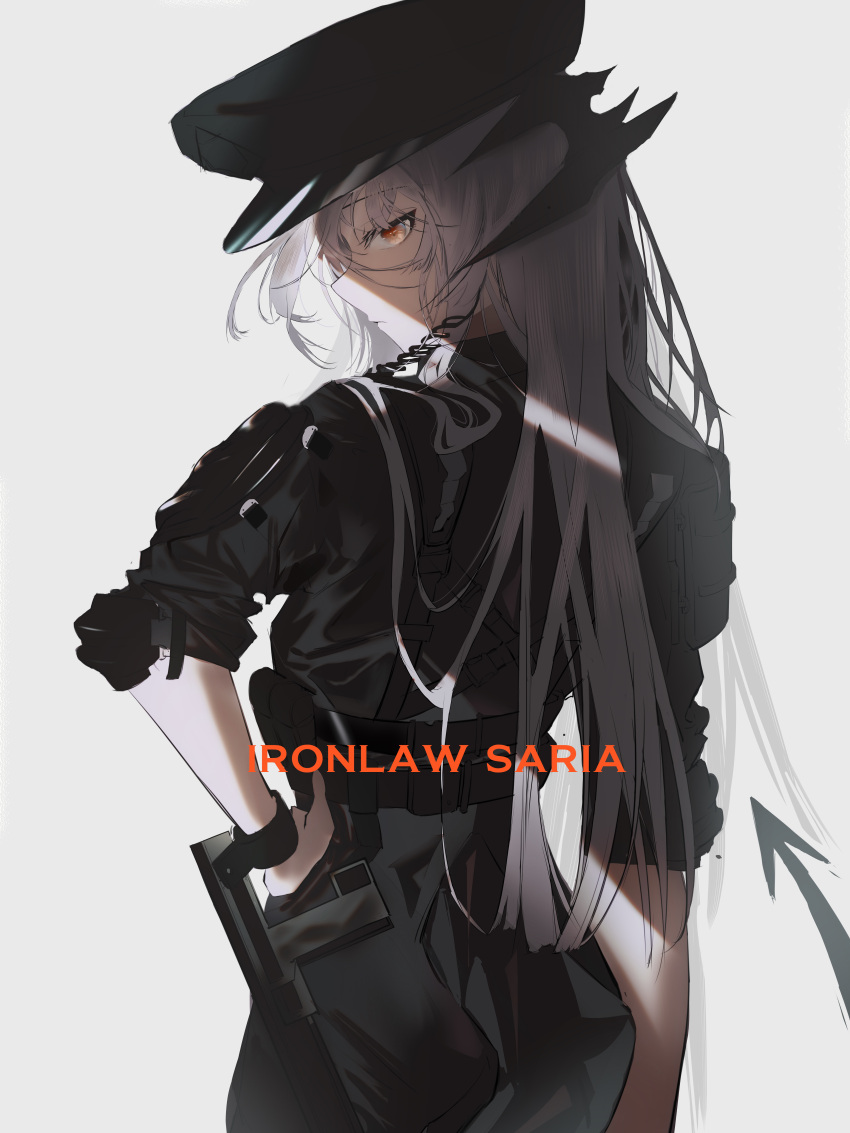 1girl absurdres arknights belt black_headwear black_pants black_shirt bracer closed_mouth commentary cowboy_shot dragon_horns dragon_tail elbow_pads english_text expressionless from_behind grey_background hat highres horns long_hair looking_at_viewer mackia official_alternate_costume orange_hair pants police_hat profile saria_(arknights) saria_(the_law)_(arknights) shirt silver_hair simple_background sleeves_rolled_up solo tail
