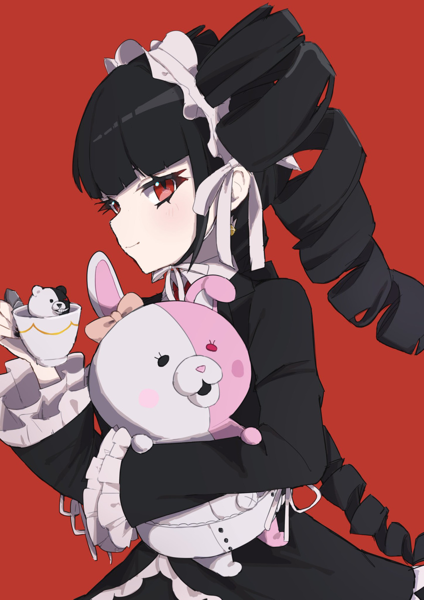 1girl bangs black_hair black_jacket black_nails blunt_bangs blush bonnet celestia_ludenberg commentary_request dangan_ronpa:_trigger_happy_havoc dangan_ronpa_(series) dangan_ronpa_2:_goodbye_despair drill_hair earrings frills gothic_lolita hair_ornament hair_ribbon highres holding jacket jewelry lolita_fashion long_hair long_sleeves looking_at_viewer monomi_(dangan_ronpa) oi_honkan red_background red_eyes ribbon shirt simple_background smile solo stuffed_toy twin_drills twintails