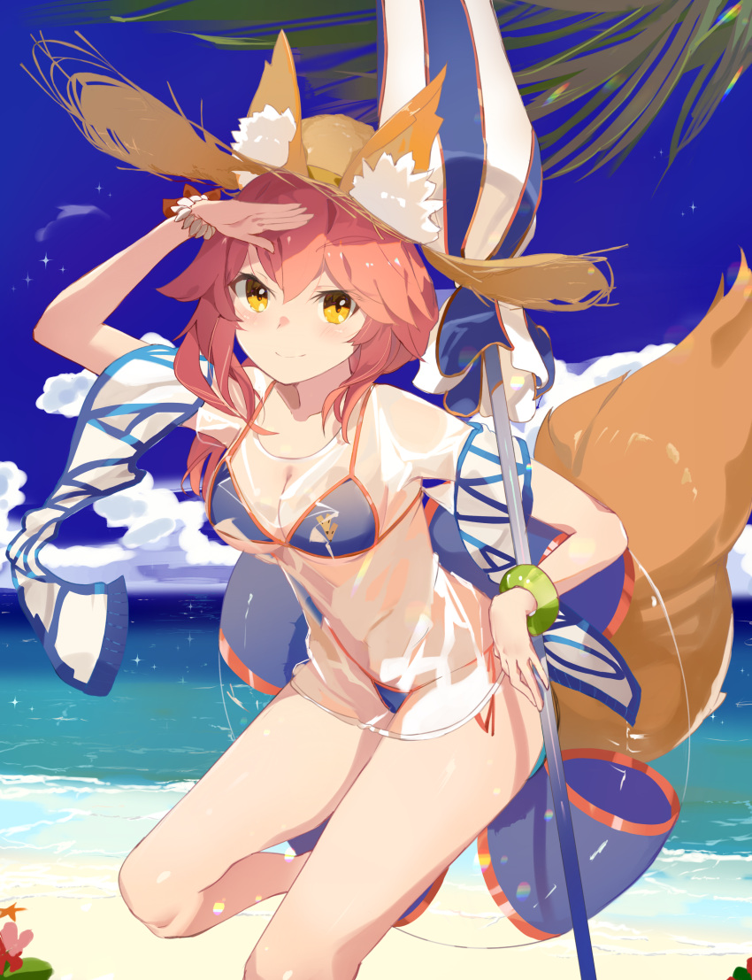1girl absurdres animal_ear_fluff animal_ears bangs bikini blush bracelet breasts brown_eyes fang fate/grand_order fate_(series) fox_ears fox_girl fox_tail hat highres jewelry large_breasts long_hair navel open_mouth pink_hair same_(sendai623) see-through shirt side-tie_bikini simple_background skin_fang stomach straw_hat sun_hat swimsuit tail tamamo_(fate)_(all) tamamo_no_mae_(swimsuit_lancer)_(fate) thighs under_boob water wet wet_clothes wet_shirt