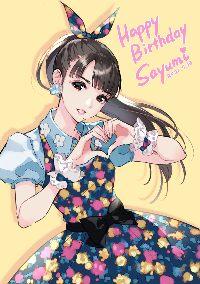 1girl bangs black_bow black_hair blue_dress blue_ribbon blue_shirt bow brown_background brown_eyes character_name collared_shirt commentary_request dated dress drop_shadow eyebrows_visible_through_hair floral_print hair_ribbon happy_birthday head_tilt heart heart_hands highres long_hair michishige_sayumi morning_musume nishimura_eri parted_lips ponytail print_dress print_ribbon puffy_short_sleeves puffy_sleeves ribbon shirt short_sleeves smile solo very_long_hair wrist_cuffs