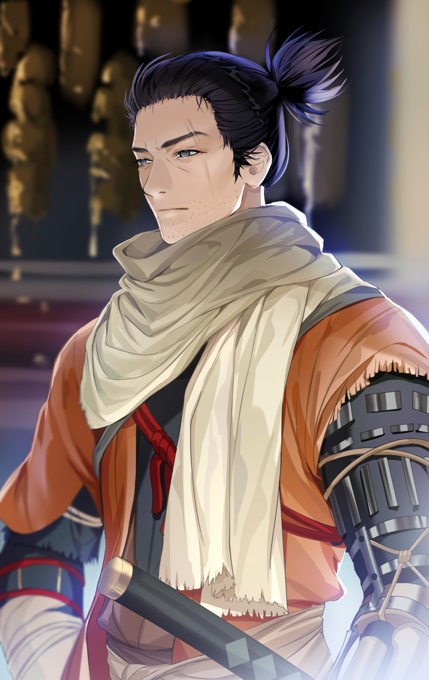 1boy black_hair blue_eyes blurry blurry_background commentary_request depth_of_field facial_hair highres indoors japanese_clothes katana lloule male_focus ninja prosthesis prosthetic_arm scar scarf sekiro sekiro:_shadows_die_twice short_hair solo stubble sword topknot upper_body weapon