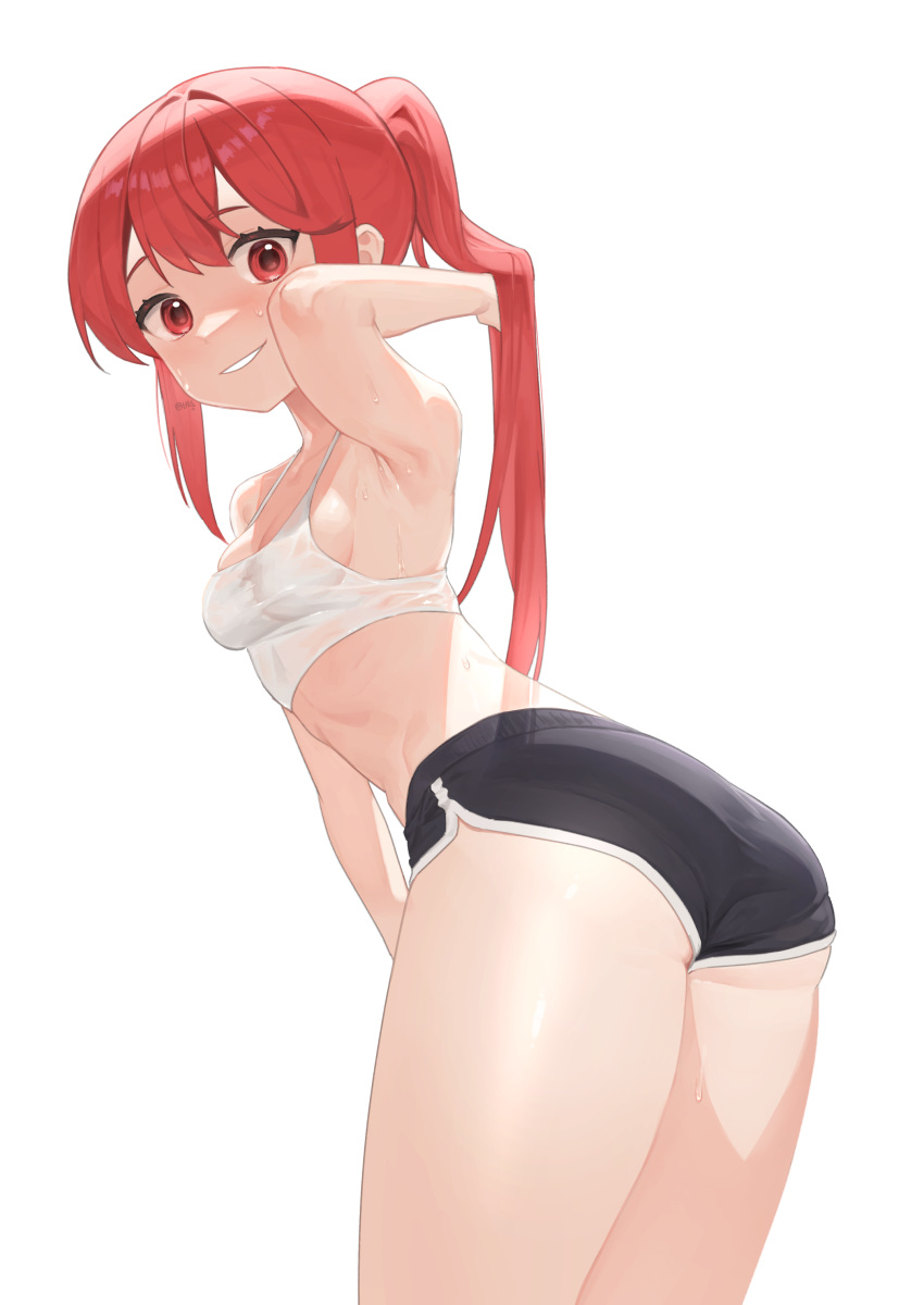 1girl absurdres arm_up armpits ass black_shorts blush breasts crop_top dolphin_shorts eyebrows_visible_through_hair from_behind grin hand_in_hair highres leaning_forward long_hair looking_at_viewer looking_back midriff original panties_under_shorts ponytail red_eyes redhead rubyaano_(ducl323) see-through shirt short_shorts shorts small_breasts smile solo standing sweat thighs transparent_background wet wet_clothes wet_shirt white_shirt
