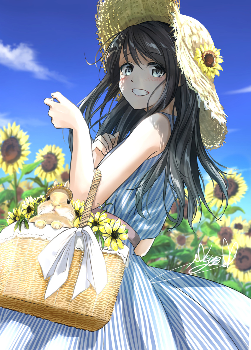 1girl arms_up bare_arms basket belt black_hair blue_eyes blue_sky blurry blurry_background blush carrying clouds cowboy_shot day dress english_commentary field flower flower_field from_side grin hand_on_own_chest hat hat_flower highres leaning_back long_hair looking_at_viewer original outdoors rabbit signature sky sleeveless sleeveless_dress smile solo soragane_(banisinngurei) standing straw_hat striped striped_dress summer sundress sunflower symbol_commentary