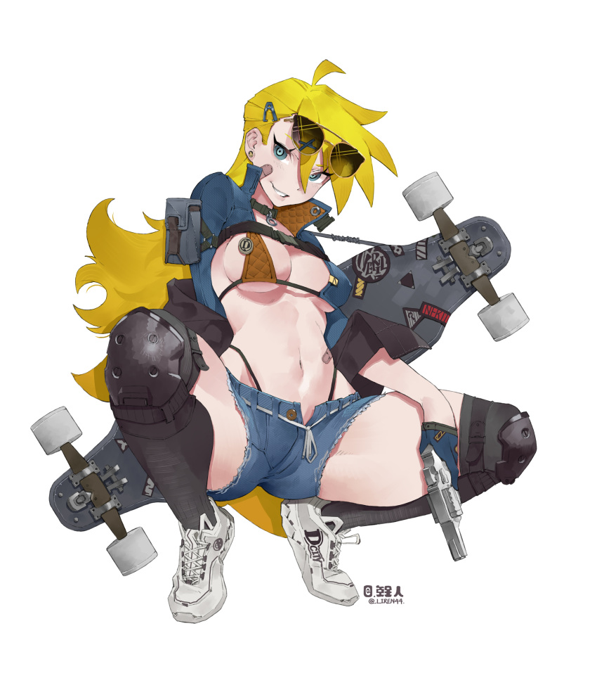1girl absurdres ahoge bandaid bandaid_on_face bangs bikini black_choker black_legwear blonde_hair blue_eyes blue_jacket blue_shorts breasts choker commentary earrings full_body grin hair_between_eyes highleg highleg_bikini highres jacket jewelry knee_pads liren44 long_hair long_sleeves looking_at_viewer medium_breasts navel open_clothes open_jacket over-kneehighs panty_&amp;_stocking_with_garterbelt panty_(psg) panty_straps shoes short_shorts shorts simple_background skateboard skateboard_behind_back smile solo squatting stomach swimsuit thigh-highs twitter_username two-tone_bikini very_long_hair white_background white_footwear