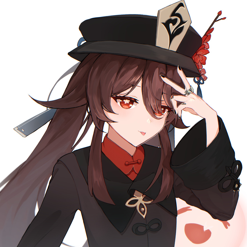 1girl :p black_headwear black_nails brown_hair closed_eyes emio fang flower genshin_impact ghost hair_between_eyes half-closed_eyes hand_up hat highres hu_tao_(genshin_impact) jewelry long_hair looking_at_viewer nail_polish open_mouth plum_blossoms red_eyes ring simple_background smile solo symbol-shaped_pupils tongue tongue_out top_hat twintails very_long_hair white_background wide_sleeves