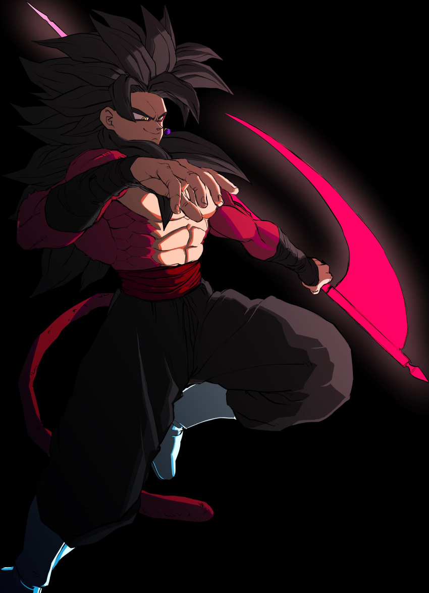 abs absurdres alternate_hair_length alternate_hairstyle arm_wrap baggy_pants bare_pectorals black_background black_hair black_pants blue_footwear boots closed_mouth commentary copyright_request dragon_ball earrings english_commentary foot_out_of_frame glowing glowing_weapon goku_black highres holding holding_scythe holding_weapon jewelry leg_up long_hair monkey_tail muscular muscular_male pants pectorals potara_earrings red_sash sash scythe simple_background single_earring smirk super_saiyan super_saiyan_4 tail weapon yellow_eyes zequung