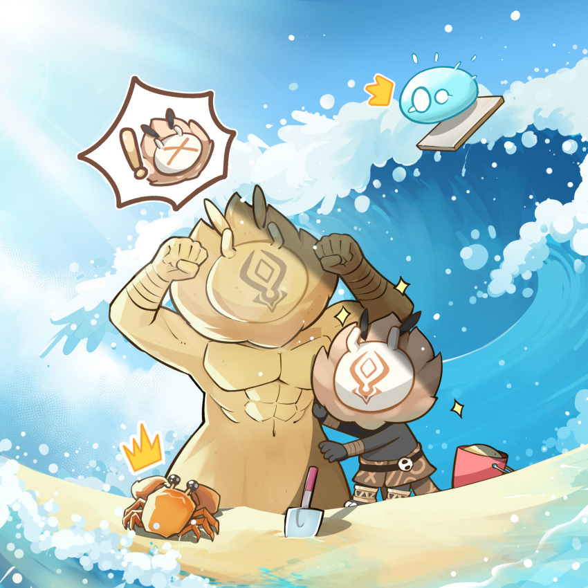 ! artist_request beach bucket chibi clenched_hands crab day english_commentary genshin_impact highres hilichurl_(genshin_impact) no_humans official_art outdoors sand_sculpture shovel slime_(genshin_impact) sparkle surfing water waves