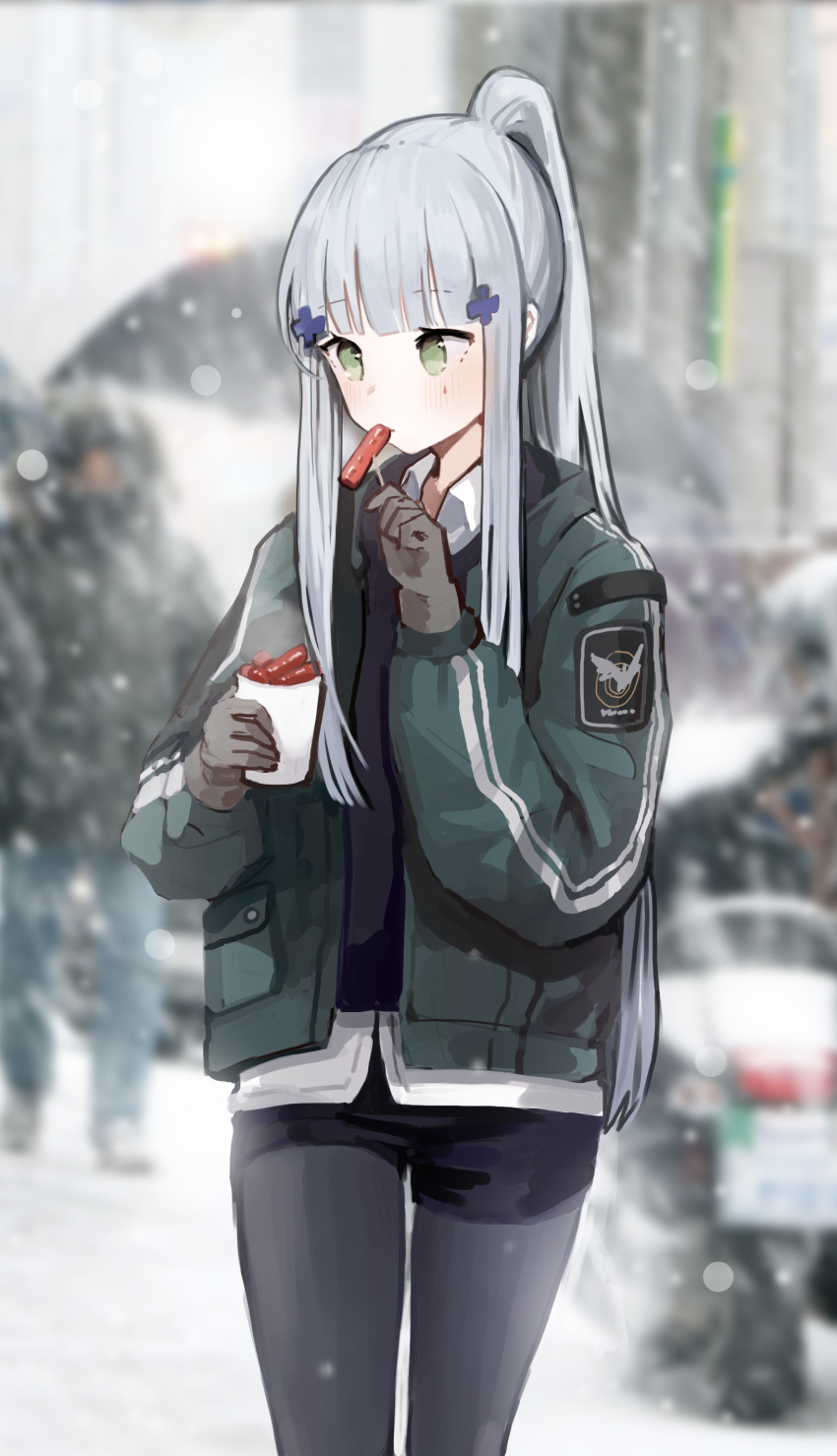1girl absurdres agent_416_(girls_frontline) bangs blue_hair blue_pants brown_gloves eating eyebrows_visible_through_hair feet_out_of_frame food girls_frontline gloves green_eyes green_jacket highres hk416_(girls_frontline) holding holding_food jacket long_hair looking_down open_clothes open_jacket pants ponytail seorang shirt simple_background snowflake_background snowflakes solo standing tom_clancy's_the_division white_shirt