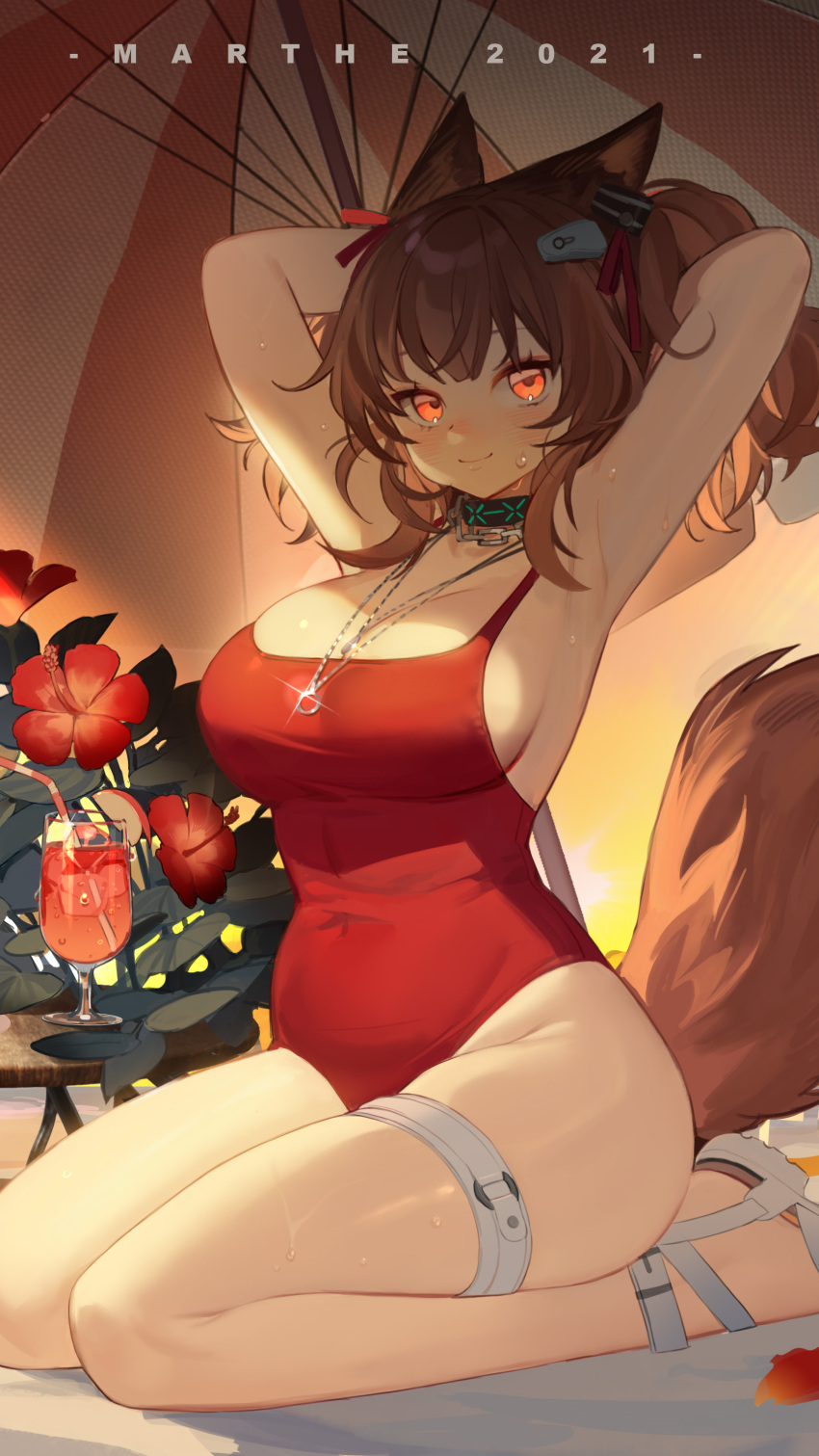 1girl absurdres angelina_(arknights) angelina_(summer_flowers)_(arknights) animal_ears arknights arms_behind_head arms_up bahao_diqiu bangs beach_umbrella black_choker blush breasts brown_hair choker closed_mouth commentary cup drinking_straw flower fox_ears fox_girl fox_tail full_body hair_ornament highres jewelry large_breasts long_hair looking_at_viewer necklace official_alternate_costume one-piece_swimsuit orange_eyes outdoors red_flower red_swimsuit sandals seiza sitting smile solo sweat swimsuit tail thigh_strap tropical_drink twilight umbrella white_footwear
