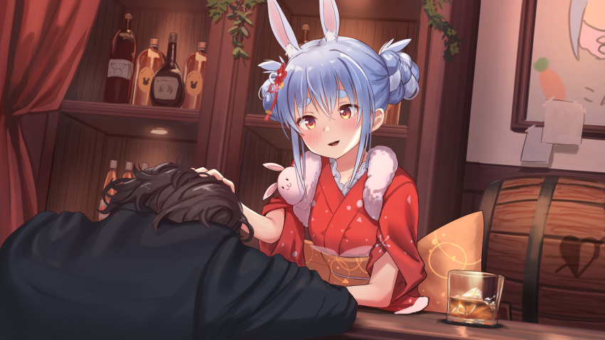 1boy 1girl :d alcohol animal_ear_fluff animal_ears bangs bar barrel bat blue_hair blush bottle brown_hair commentary_request cup don-chan_(usada_pekora) drinking_glass eyebrows_visible_through_hair hair_between_eyes hair_ornament hair_up hand_on_another's_head heart highres hololive ice ice_cube indoors japanese_clothes kimono liquor looking_at_another multicolored_hair obi open_mouth rabbit_ears red_eyes red_kimono roke_(taikodon) sash smile two-tone_hair usada_pekora virtual_youtuber whiskey white_hair