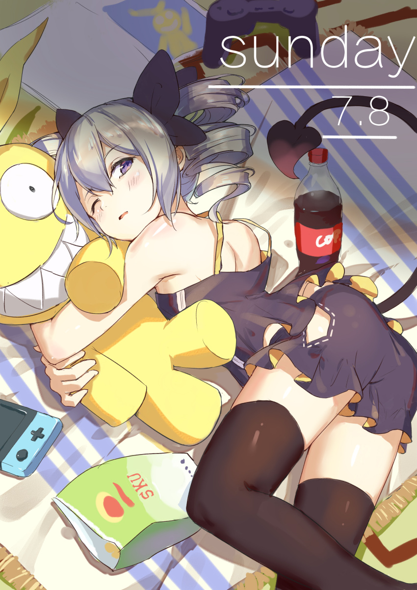 1girl :o absurdres ass bangs bed bed_sheet black_dress black_legwear bronya_zaychik chips controller demon_tail doll doll_hug dress drill_hair food grey_eyes grey_hair highres homu_(honkai_impact) honkai_(series) honkai_impact_3rd lying nintendo_switch on_side one_eye_closed open_mouth soda_bottle solo tail thigh-highs twin_drills yu_xiu