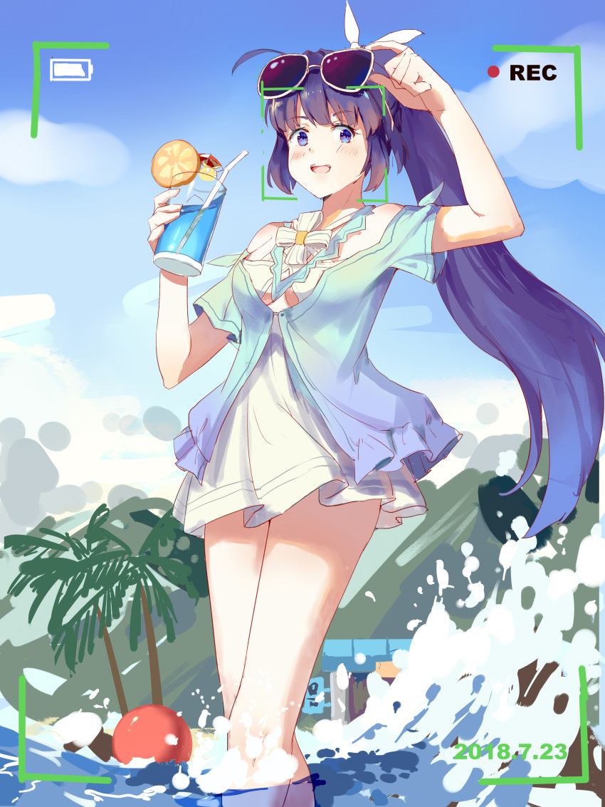 1girl :d absurdres antenna_hair ball bangs beach beachball blue_sky camera clouds cloudy_sky cup dress drink drinking_straw glass hair_between_eyes hair_ornament highres holding holding_cup holding_eyewear honkai_(series) honkai_impact_3rd long_hair looking_at_viewer ocean open_mouth palm_tree ponytail purple_hair raiden_mei raiden_mei_(lightning_empress) short_sleeves sky smile soaking_feet summer summer_uniform sundress sunglasses tree viewfinder violet_eyes yu_xiu