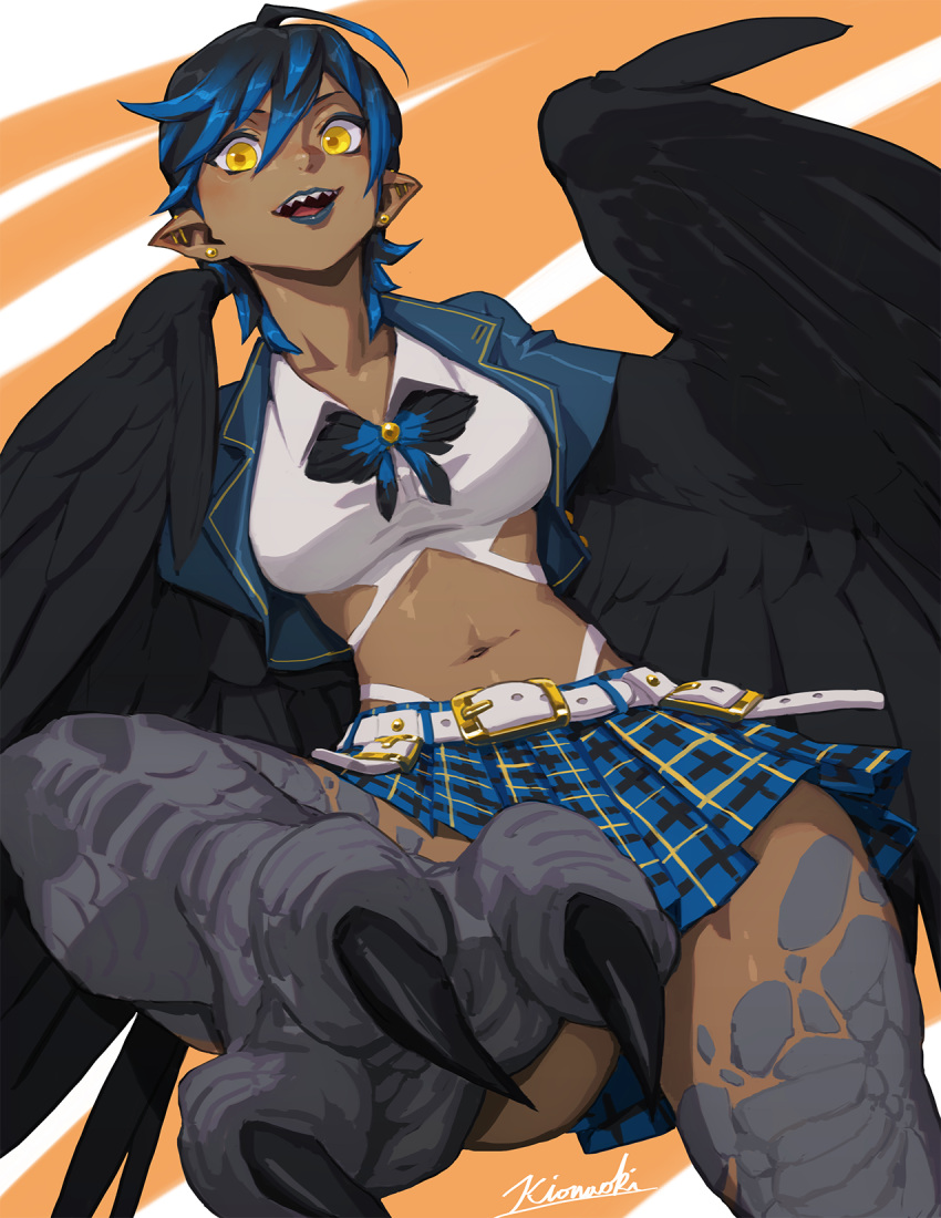 1girl artist_name belt bird_legs black_feathers black_hair black_wings blue_hair blue_lips blue_skirt breasts commentary_request commission cropped_jacket dark-skinned_female dark_skin earrings feathers harpy highres jewelry kio_naoki lipstick makeup medium_breasts midriff monster_girl multicolored_hair navel open_mouth orange_background original plaid plaid_skirt scales school_uniform sharp_teeth shirt skeb_commission skirt solo stud_earrings talons teeth two-tone_background two-tone_hair white_background white_belt white_shirt winged_arms wings yellow_eyes
