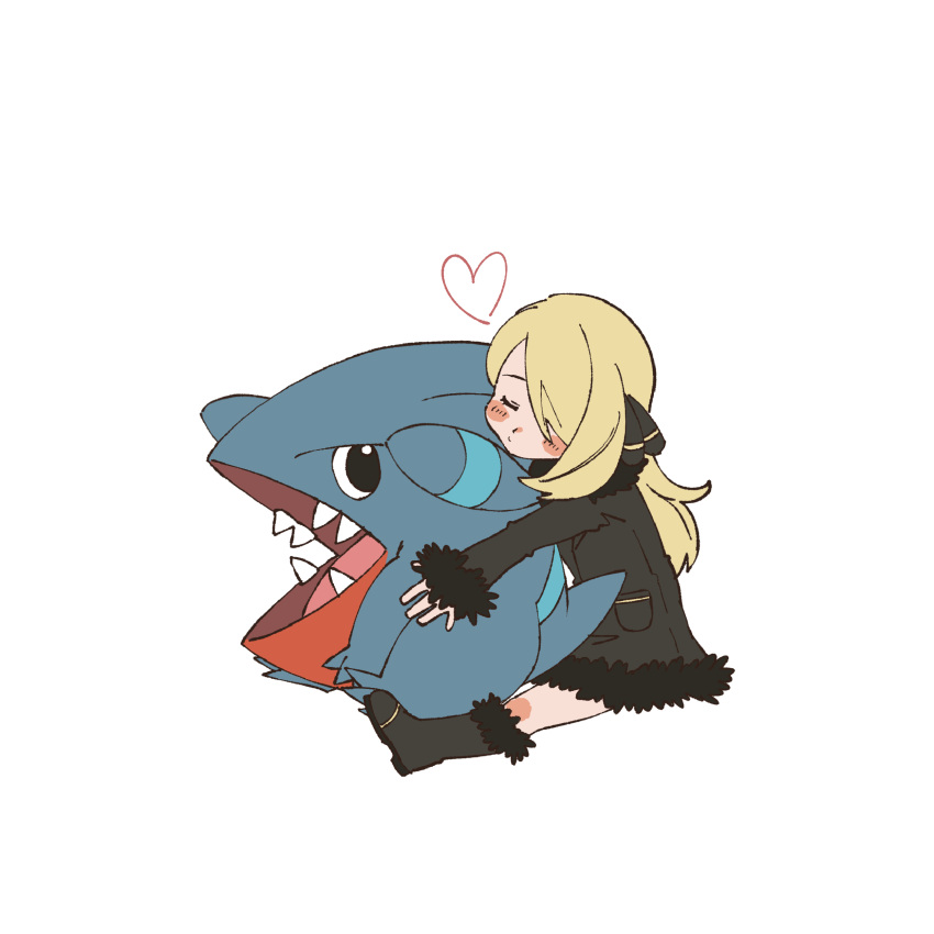 1girl absurdres akushitsu_ningen blonde_hair blush_stickers boots closed_eyes closed_mouth coat commentary_request cynthia_(pokemon) eyelashes from_side fur-trimmed_coat fur_trim gen_4_pokemon gible hair_ornament heart highres hug hug_from_behind korean_commentary long_hair long_sleeves pokemon pokemon_(creature) pokemon_(game) pokemon_dppt simple_background sitting sleeves_past_wrists white_background younger