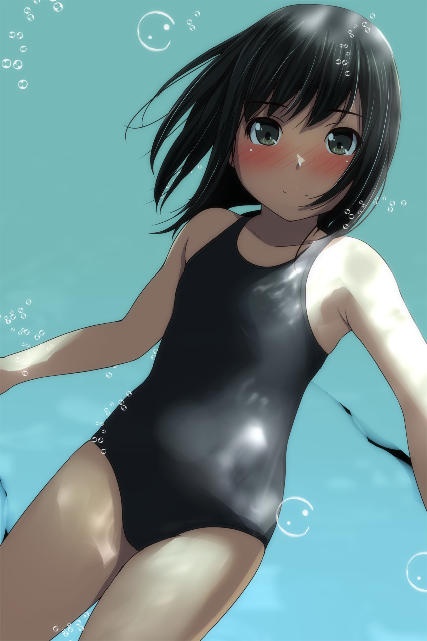 1girl absurdres air_bubble bangs bare_arms bare_shoulders black_hair black_swimsuit blush brown_eyes bubble closed_mouth collarbone day eyebrows_visible_through_hair highres looking_at_viewer matsunaga_kouyou nose_blush one-piece_swimsuit original outdoors smile solo swimsuit underwater water