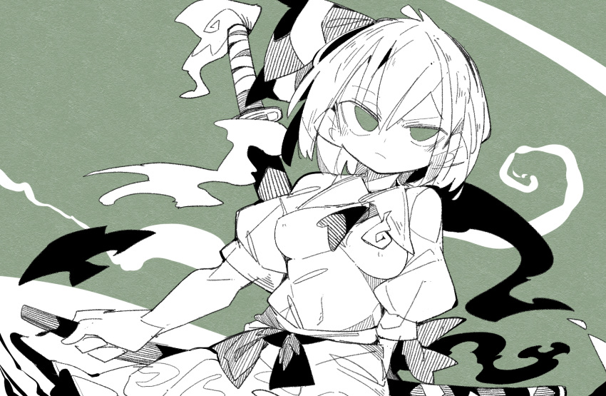 1girl bangs breasts closed_mouth eyebrows_visible_through_hair green_background green_eyes greyscale hairband highres holding holding_sword holding_weapon konpaku_youmu massakasama medium_breasts monochrome multiple_swords puffy_short_sleeves puffy_sleeves sheath sheathed shirt short_hair short_sleeves simple_background solo sword touhou upper_body weapon