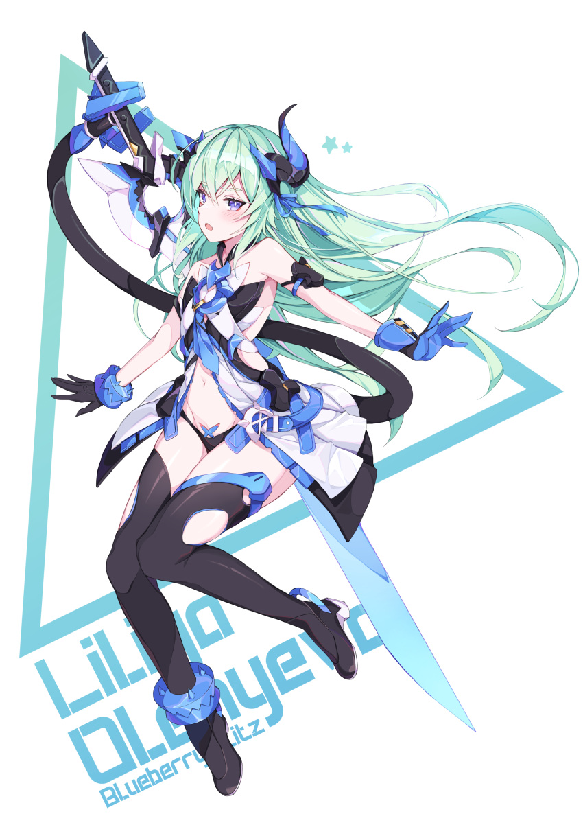 1girl :d absurdres asymmetrical_gloves bangs bare_shoulders black_gloves black_legwear blue_eyes blue_gloves blue_hair gloves hair_between_eyes hair_ornament highres honkai_(series) honkai_impact_3rd horns liliya_olenyeva long_hair looking_at_viewer mismatched_gloves navel open_mouth prehensile_tail simple_background single_horn smile solo sword tail thigh-highs verslll weapon white_background