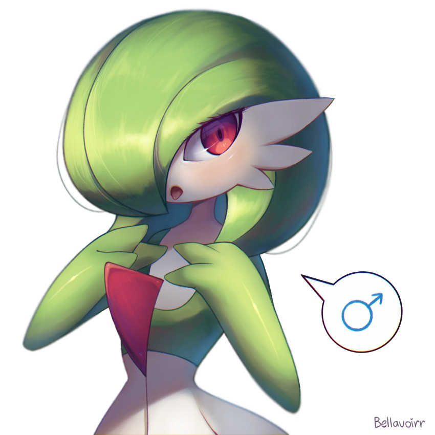 1boy absurdres artist_name bangs bellavoirr blurry blush bob_cut chromatic_aberration colored_skin commentary depth_of_field english_commentary gardevoir gen_3_pokemon green_hair green_skin hair_over_one_eye hands_up highres light_blush looking_to_the_side male_focus mars_symbol mixed-language_commentary multicolored multicolored_skin open_mouth otoko_no_ko pokemon pokemon_(creature) red_eyes shiny shiny_hair shiny_skin short_hair signature simple_background solo speech_bubble spoken_mars_symbol standing tongue tongue_out two-tone_skin upper_body white_background white_skin