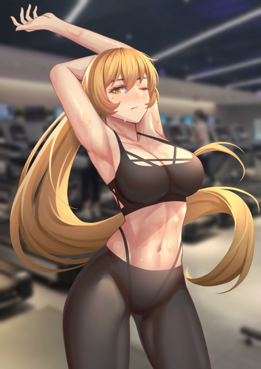 1girl absurdres ao_sheng arm_behind_head armpits arms_up bangs bare_arms black_panties black_pants blurry breasts contrapposto cowboy_shot crop_top depth_of_field dripping exercise eyelashes frown gym highleg highleg_panties highres indoors long_hair looking_at_viewer medium_breasts midriff mole mole_under_eye navel one_eye_closed orange_eyes orange_hair original panties pants see-through sleeveless solo standing stretch sweat thong underwear yoga_pants