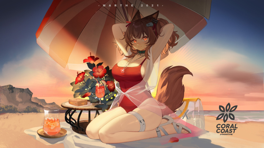1girl absurdres angelina_(arknights) angelina_(summer_flowers)_(arknights) animal_ears arknights arms_behind_head arms_up bahao_diqiu bangs beach beach_umbrella black_choker blush breasts brown_hair choker closed_mouth commentary cup drinking_straw flower food fox_ears fox_girl fox_tail full_body hair_ornament highres jewelry large_breasts long_hair looking_at_viewer necklace official_alternate_costume one-piece_swimsuit orange_eyes outdoors plate red_flower red_swimsuit sandals sandwich seiza sitting smile solo sweat swimsuit tail thigh_strap tropical_drink twilight umbrella white_footwear
