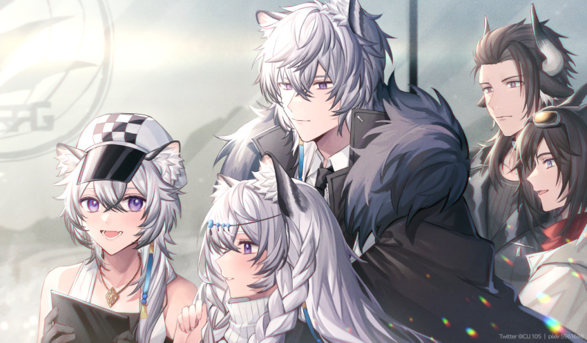 2girls 3boys :d animal_ear_fluff animal_ears arknights bangs bare_shoulders black_cape black_gloves black_hair brother_and_sister cabbie_hat cape cliffheart_(arknights) commentary_request courier_(arknights) coyucom fur-trimmed_cape fur_trim gloves goggles goggles_on_head hair_between_eyes hat head_chain horns jewelry kjerag_logo leopard_ears looking_at_viewer matterhorn_(arknights) multiple_boys multiple_girls necklace open_mouth parted_lips pramanix_(arknights) short_hair siblings silver_hair silverash_(arknights) sisters sleeveless smile turtleneck upper_body violet_eyes white_headwear