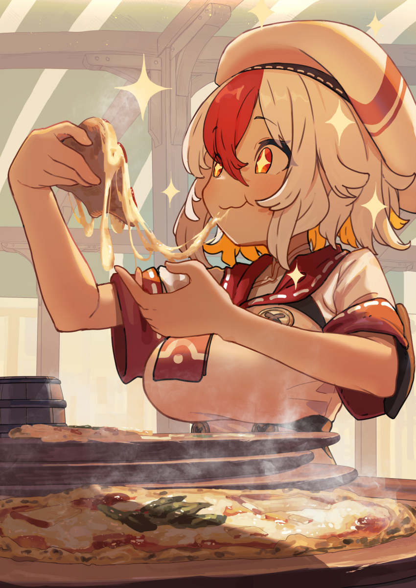 1girl blonde_hair blush cheese_trail eating eyebrows_visible_through_hair food hat highres holding holding_food holding_pizza moutama multicolored_hair original pizza pizza_slice red_eyes redhead shorts smile solo steam upper_body white_hair