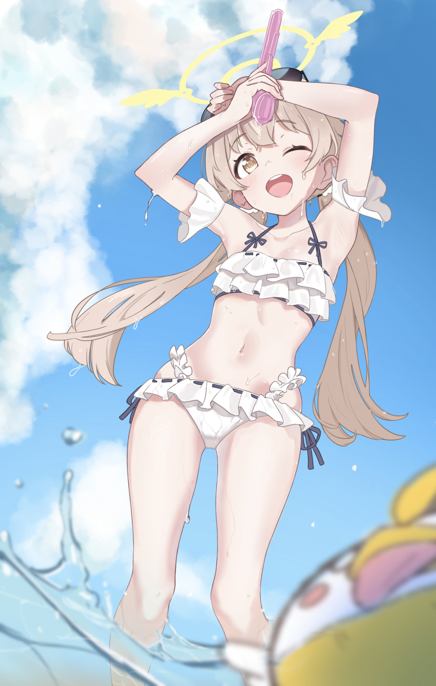 1girl absurdres armpits arms_up blue_archive blush collarbone commentary_request eyewear_on_head halo hifumi_(blue_archive) highres light_brown_hair looking_at_viewer low_twintails navel one_eye_closed open_mouth sky solo sunglasses swimsuit twintails water water_gun wet what_a yellow_eyes