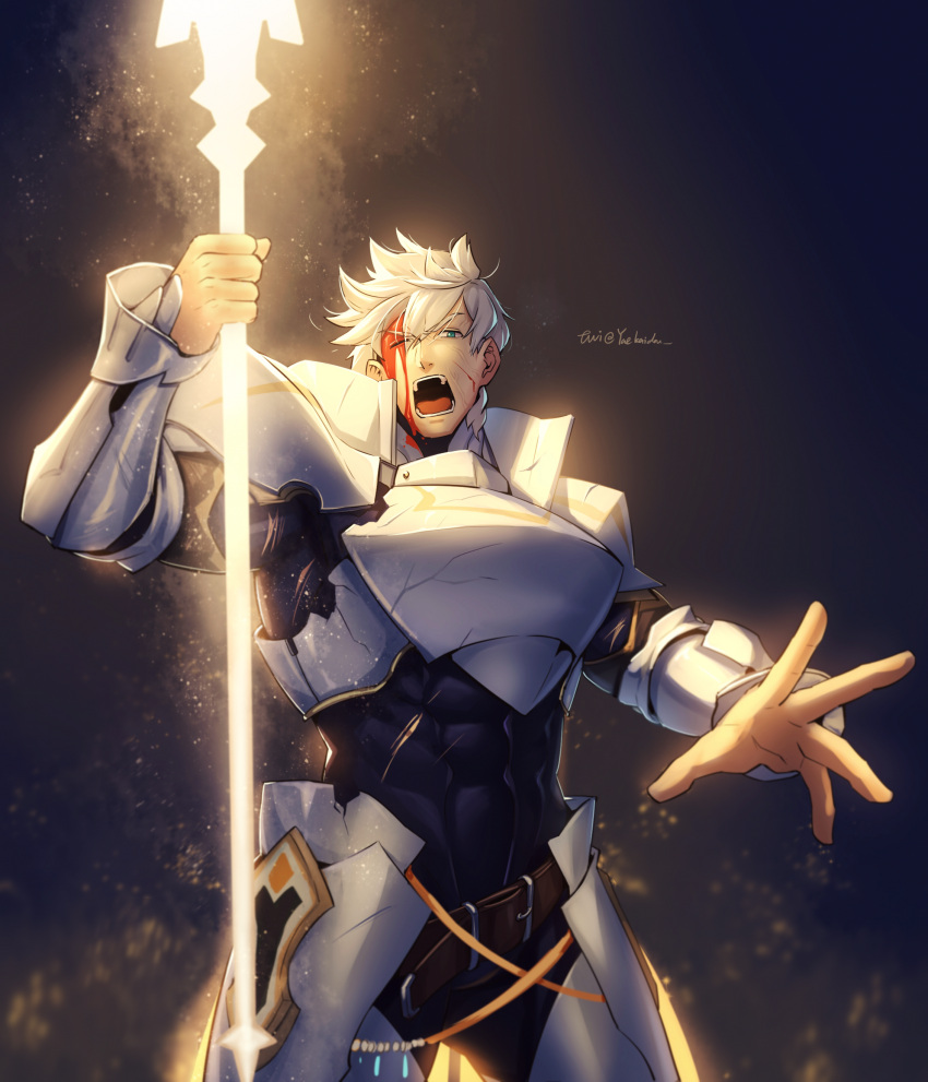 1boy absurdres armor black_background blood blood_on_face blue_eyes fate/grand_order fate_(series) glowing glowing_weapon highres holding holding_polearm holding_spear holding_weapon injury light male_focus muscular muscular_male one_eye_closed pauldrons percival_(fate) polearm shoulder_armor signature spear weapon yaosan233