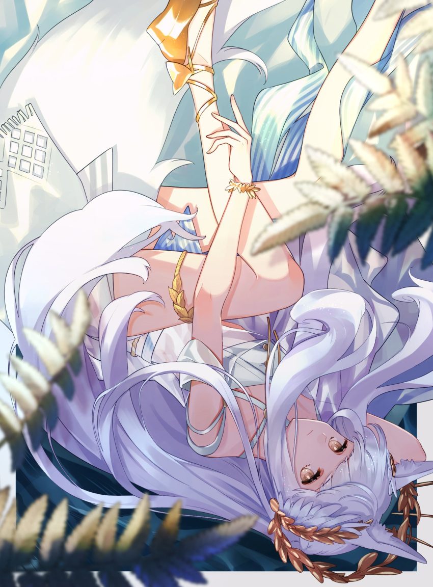 1girl animal_ears arknights bangs closed_mouth geta_(epicure_no12) highres leaf long_hair looking_at_viewer platinum_(arknights) platinum_(shimmering_dew)_(arknights) solo tail upside-down white_hair yellow_eyes yellow_footwear