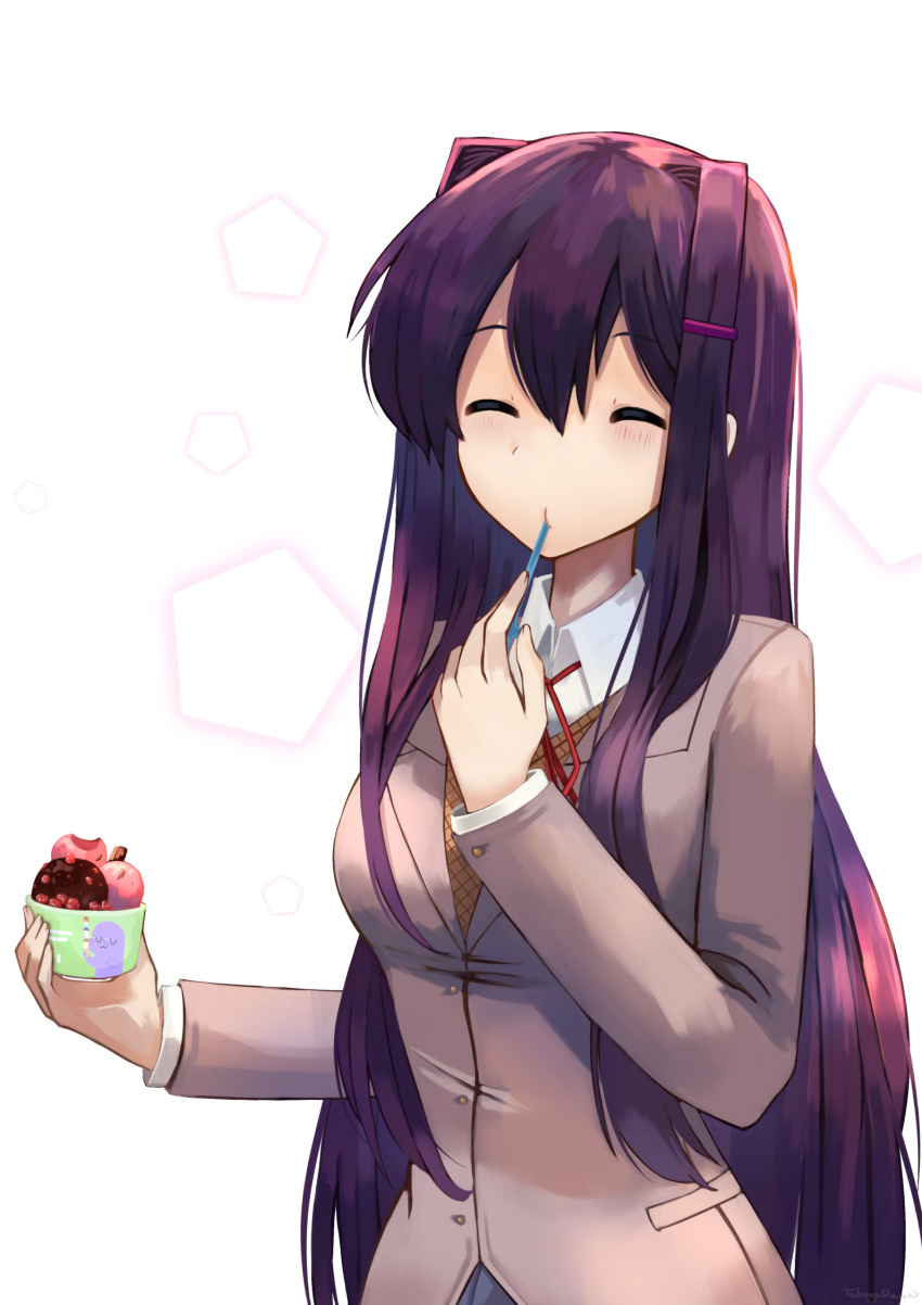 1girl ^_^ bangs closed_eyes commentary doki_doki_literature_club english_commentary food grey_jacket hair_between_eyes hair_ornament hairclip highres ice_cream jacket long_hair long_sleeves purple_hair school_uniform simple_background solo takuyarawr upper_body utensil_in_mouth very_long_hair white_background wing_collar yuri_(doki_doki_literature_club)