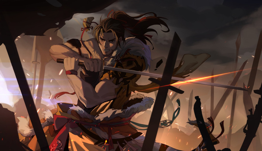1boy armband brown_eyes brown_hair chinese_commentary clenched_teeth commentary_request dark_clouds facial_hair floating_hair fur_trim furrowed_brow high_ponytail highres holding holding_sword holding_weapon jiecaoxiong light_particles long_hair male_focus muscular muscular_male original ponytail single_bare_shoulder solo sword teeth torn_clothes weapon wristband