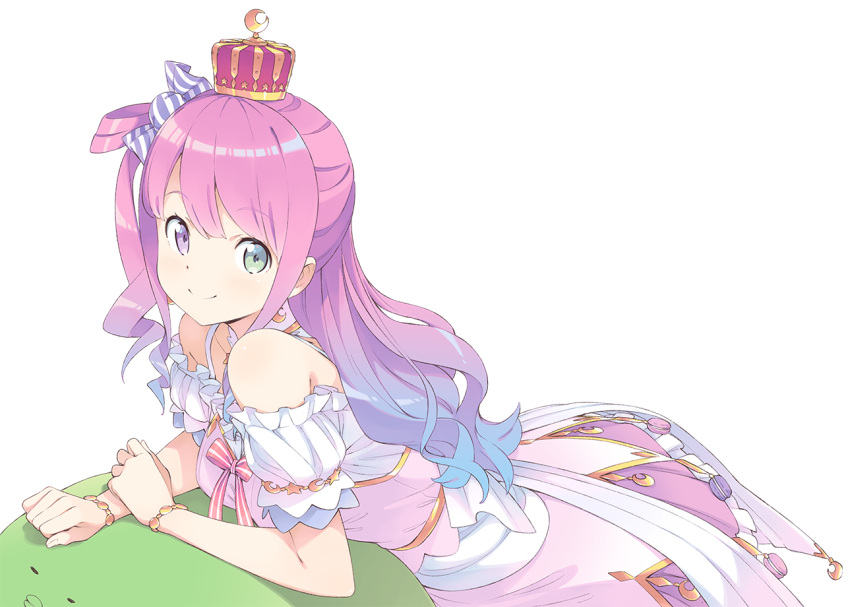 1girl bare_shoulders bracelet candy_hair_ornament closed_mouth crown dress food-themed_hair_ornament gradient_hair green_eyes hair_ornament hair_rings heterochromia himemori_luna hololive jewelry kanzaki_hiro long_hair looking_at_viewer multicolored_hair off-shoulder_dress off_shoulder one_side_up pink_dress pink_hair princess purple_hair short_dress smile solo spaghetti_strap violet_eyes virtual_youtuber wavy_hair