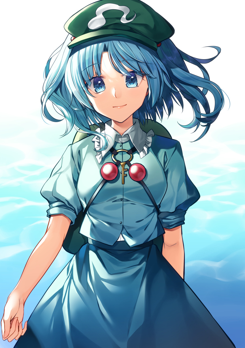 1girl absurdres bangs blue_eyes blue_hair blue_skirt blue_sleeves blue_vest breasts buttons closed_mouth collar eyebrows_visible_through_hair eyes_visible_through_hair green_headwear hat highres kaede_(mmkeyy) kawashiro_nitori key key_necklace looking_at_viewer medium_breasts puffy_short_sleeves puffy_sleeves shirt short_hair short_sleeves short_twintails skirt smile solo touhou twintails vest white_collar white_shirt