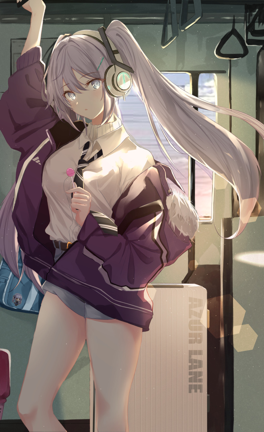 1girl absurdres alternate_costume azur_lane bangs breasts commission english_commentary grey_eyes grey_hair hair_between_eyes highres intrepid_(azur_lane) jacket long_hair looking_at_viewer necktie school_uniform sidelocks train_interior twintails two_side_up vayneeeee very_long_hair