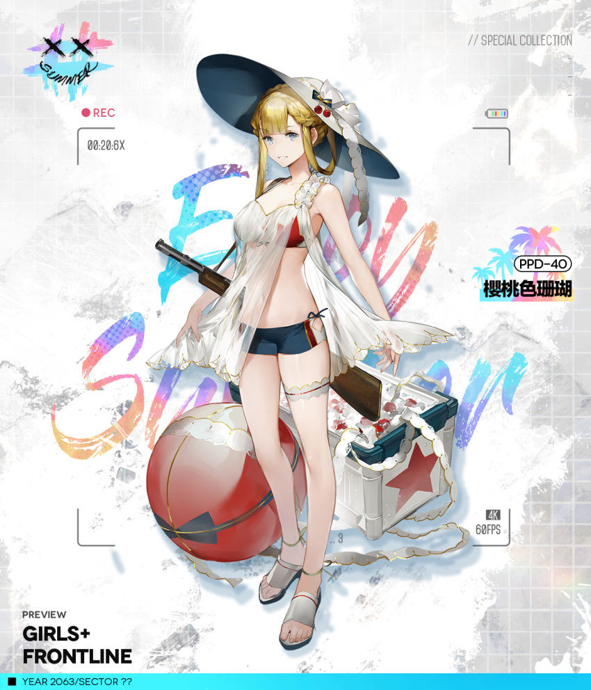 1girl bag ball beach bikini blonde_hair blue_eyes braid breasts camera_phone character_name cherry cherry_hair_ornament closed_mouth collarbone commentary commentary_request copyright_name english_commentary eyebrows_visible_through_hair floor food food-themed_hair_ornament french_braid fruit girls_frontline gun hair_ornament hat highres holding holding_weapon ice legs long_hair looking_at_viewer multicolored multicolored_bikini multicolored_clothes multicolored_swimsuit navel official_art ppd-40_(girls_frontline) red_star sandals shuaigegentou simple_background small_breasts smile solo standing star_(symbol) star_print submachine_gun summer sun_hat swimsuit viewfinder weapon white_headwear