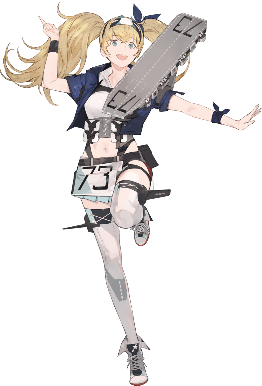 1girl akira_(kadokawa) belt blonde_hair blue_eyes breast_pocket breasts collared_shirt flight_deck full_body gambier_bay_(kancolle) hairband highres kantai_collection large_breasts machinery official_art open_mouth outstretched_arm pocket remodel_(kantai_collection) shirt smile thigh-highs transparent_background twintails white_legwear