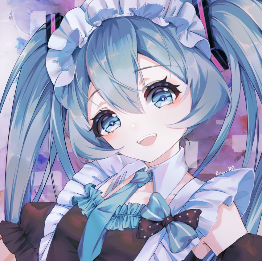 1girl alternate_costume aqua_eyes aqua_hair aqua_necktie artist_name breasts collarbone commentary constricted_pupils detached_collar detached_sleeves enmaided eyebrows_visible_through_hair forehead frills hair_between_eyes hair_ornament hatsune_miku highres long_hair looking_at_viewer maid necktie open_mouth puffy_short_sleeves puffy_sleeves short_sleeves sidelocks solo teeth thick_eyelashes twintails upper_body upper_teeth usagi_3939 vocaloid