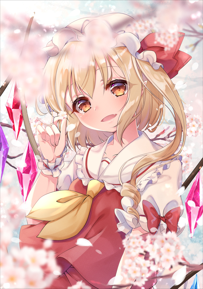 1girl absurdres blonde_hair blurry bow cherry_blossoms collared_shirt depth_of_field fang flandre_scarlet flower frilled_shirt_collar frills haruki_(colorful_macaron) hat hat_bow head_tilt highres mob_cap neckerchief open_mouth orange_eyes petals pointy_ears red_shirt shirt short_sleeves skin_fang solo touhou upper_body wings wrist_cuffs yellow_neckwear