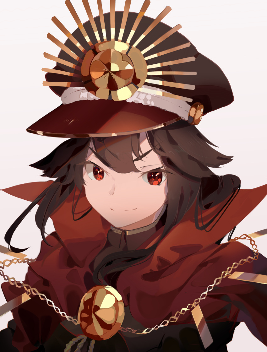 1girl absurdres black_hair black_headwear cape family_crest fate/grand_order fate_(series) gloves hat highres koha-ace long_hair oda_nobunaga_(fate) oda_nobunaga_(fate)_(all) peaked_cap portrait red_cape red_eyes same_(sendai623) simple_background solo upper_body white_gloves