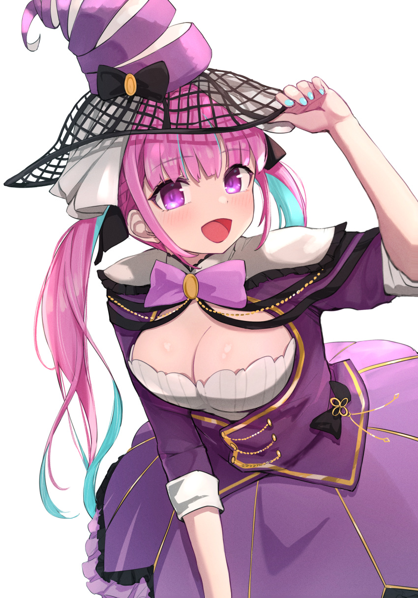 1girl :d absurdres blush breasts dress eyebrows_visible_through_hair hat highres hitsujisnow hololive leaning_forward minato_aqua open_mouth pink_neckwear purple_dress smile solo twintails violet_eyes virtual_youtuber white_background witch_hat