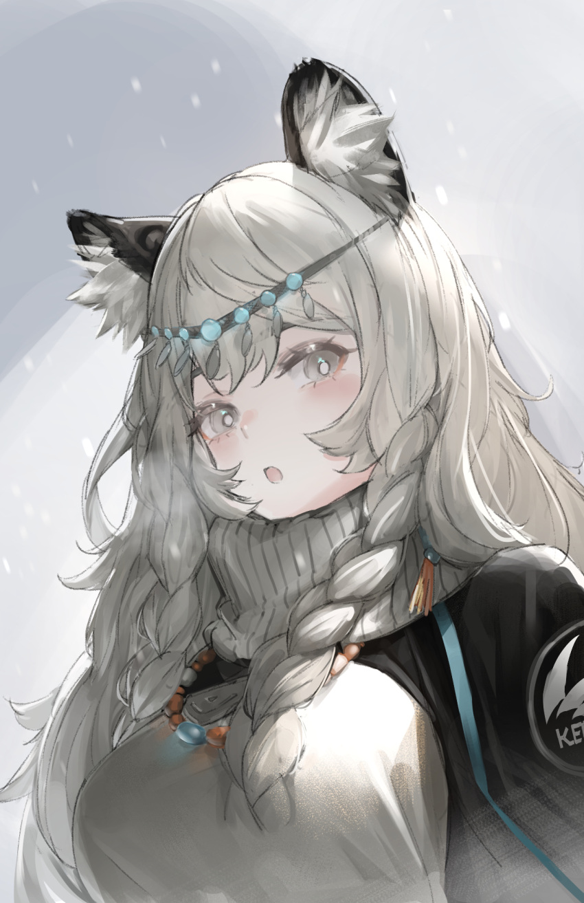 1girl animal_ears arknights bead_necklace beads black_cloak blush braid breasts breath circlet cloak commentary earrings eyelashes grey_background grey_eyes grey_scarf grey_sweater highres jewelry large_breasts leopard_ears leopard_girl long_hair looking_at_viewer necklace open_mouth pramanix_(arknights) scarf side_braids silver_hair simple_background snow snowing solo sweater tassel tassel_earrings twin_braids upper_body yakushi9kv