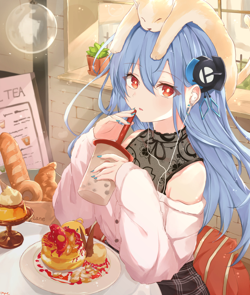 1girl animal_on_head artist_name azur_lane baguette bangs bare_shoulders bird blue_hair bread brick_wall bubble_tea cat cat_on_head chick day earphones earphones earrings expressionless eyebrows_visible_through_hair eyes_visible_through_hair food hair_behind_ear hair_between_eyes hair_ornament helena_(azur_lane) highres jewelry long_hair looking_at_viewer manjuu_(azur_lane) nail_polish on_head open_mouth plant potted_plant pudding red_eyes sitting solo sweater table vayneeeee white_sweater window